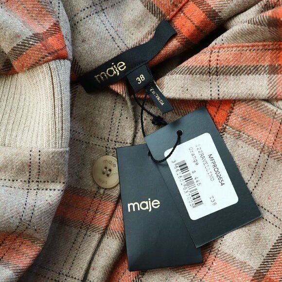 Maje Ravellino Camel Orange Check Plaid Woven Shirt Mini Dress NWT New 38 6 - Picture 7 of 7